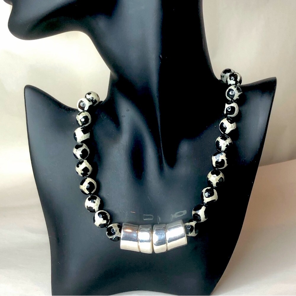 SIMON SEBBAG Sterling Silver Black White Tortoise Shell Agate Necklace RARE